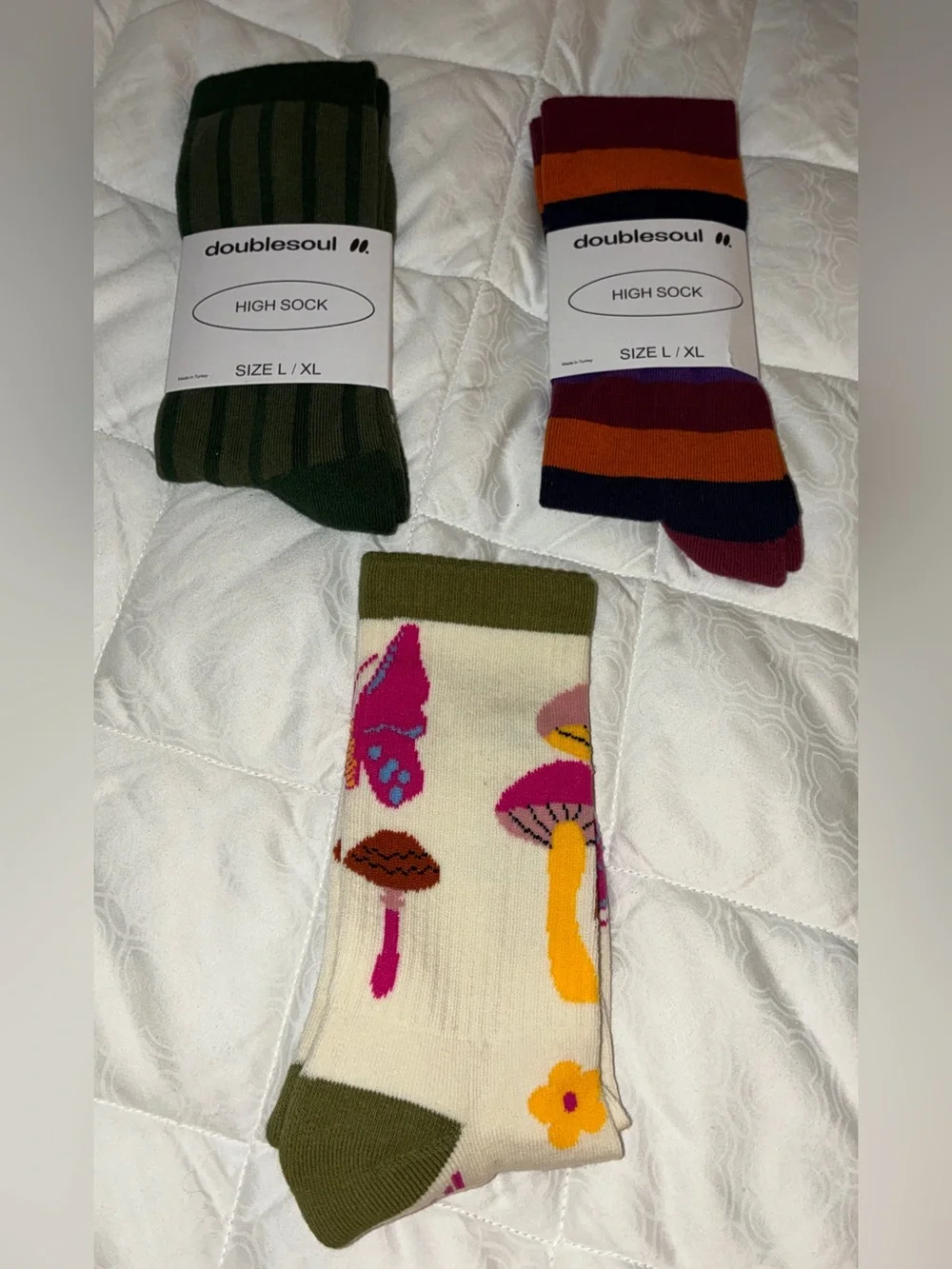 Doublesoul Socks -set of 3 Olive Green, Multicolor & Cream Pattern - Sz L/XL